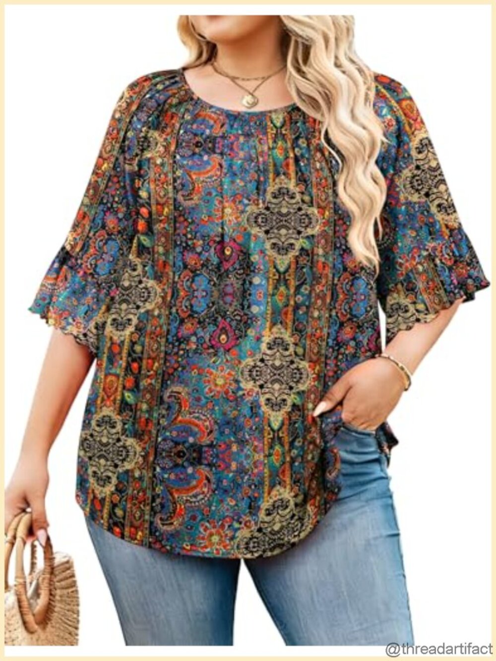Plus Size Ruffle 3/4 Sleeve Pleated Crew Neck BlouseWomens Dressy Casual